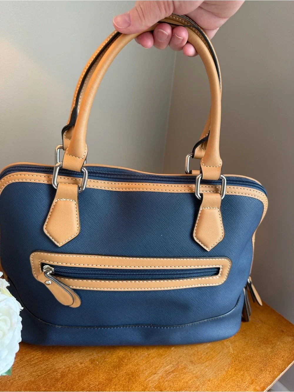 Giani Bernini Navy and Tan Saffiano Satchel